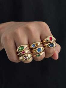 8 buah Cincin Emas Batu Permata Berwarna-warni Bertekstur Vintage, Cincin Pita Lebar Bergaya Antik dengan Rhinestone Berwarna-warni, Aksesori Perhiasan Tangan Unisex yang Dapat Ditumpuk dan Dipersonalisasi - Emas - View 9