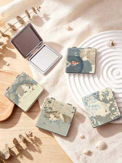 1PC Chinese Style Series Portable Vanity Mirror, Foldable Lightweight Ultra-Thin Convenient Hand Mirror, PU Leather, Suitable For Multiple Occasions And All People, Square Mirror, Pocket Mirror, Fresh Grey Cat Koi Ditsy Floral Butterfly Pattern Design, Exquisite And Delicate, Easy To Carry, Handheld Makeup Mirror, 180° Flip Cover, Multi-Functional Mini Mirror, Compact Mirror, Mirrors For Daily Use, Holidays, Birthdays, Valentine's Day
