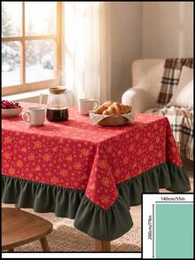 1pc Red Background Gold Christmas Bell Snowflake Print Tablecloth, Traditional Country Style, Rectangular Green Leaf Edge With Pleated Details, Stain-Resistant Protective Tablecloth For Home Long Table, Suitable For Christmas Family Gatherings And Winter Holiday Dining Room Decor - Red - View 12