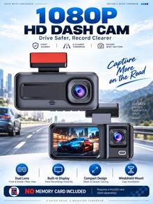 1 buah Kamera Dasbor 2-Hannel 1080P Full HD Lensa Ganda, Perekaman Ganda Depan dan Belakang, DVR dengan Perekaman Berulang, Perekam Dasbor Mini Tersembunyi, Monitor Keamanan 24 Jam, Kamera Dasbor Kecil untuk Mobil (Kartu SD Tidak Termasuk) - A - View 1