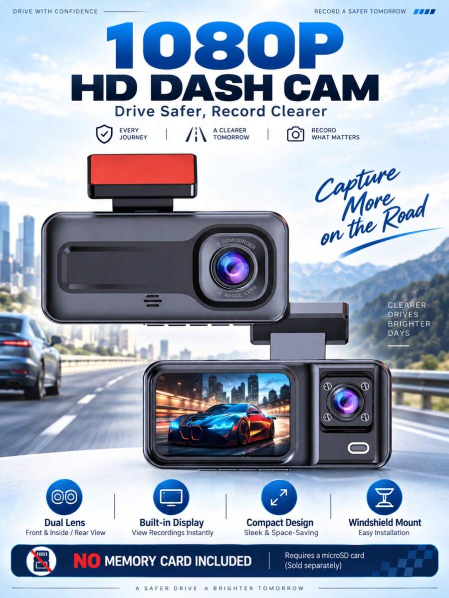 1 buah Kamera Dasbor 2-Hannel 1080P Full HD Lensa Ganda, Perekaman Ganda Depan dan Belakang, DVR dengan Perekaman Berulang, Perekam Dasbor Mini Tersembunyi, Monitor Keamanan 24 Jam, Kamera Dasbor Kecil untuk Mobil (Kartu SD Tidak Termasuk) - A - View 1