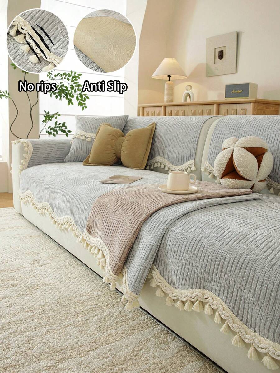 ZXZGM 1 pièce Housse de canapé en chenille à texture verticale, housse de canapé de luxe moderne, toutes saisons, jeté de canapé avec bordure à franges, fond antidérapant lavable en machine, anti-griffures pour animaux de compagnie, coussin de canapé durable et anti-poussière, housse de canapé en L 1-4 places, style minimaliste crème, protecteur de canapé universel pour salon, chambre à coucher, extérieur, housse de canapé, housse de canapé