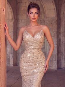 Women's Shiny Sequin Mermaid Evening Gown, Strapless Fitted Waist Long Dress, Suitable For Prom And Formal Occasions - Apricot - View 3
