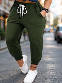 Pantalones de talle alto con cordón, de unicolor, de longitud hasta el tobillo, de estilo casual para primavera, para mujeres de talla grande - Verde militar - Ver 2