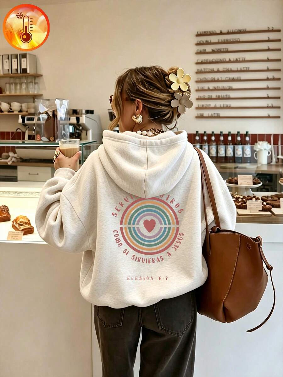 Cozy Women's Long Drop Shoulder Hoodie With Drawstring, Warm Lined Composite Fabric Pullover Featuring Rainbow Heart Print, Perfect - White Gray - View 1