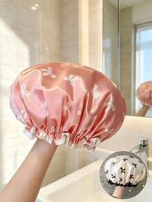 1pc Double-Layer Satin Cute Bow Print Shower Cap, Reusable Waterproof Hair Cap, Suitable For Women And Girls, Elastic Ruffle Design, Soft Silky Hair Protector, Ideal For Shower, Spa, Hair Salon, Hotel And Home Daily Use, Perfect Women's Holiday Gift [1pc] - Multicolor - View 6