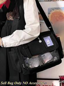 Black Canvas Tote Bag With Japanese Ita Bag Style, Double-Layer Transparent PVC Window Design On Front For Displaying Anime Merchandise, Cards And Collectibles, Multi-Pocket Compartment Storage, Zipper Closure, Adjustable Wide Strap For Comfortable Shoulder Or Crossbody Wear, Large Capacity For Books, Tablets And Daily Essentials, Suitable For Students, Commuting And Anime Fans, Easy To Match With JK And Casual Outfits - Black - View 4