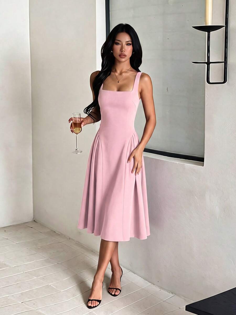 Women's Summer Minimalist Solid Color Square Neck A-Line Spaghetti Strap Pink Dress, Women's Concert Outfit
