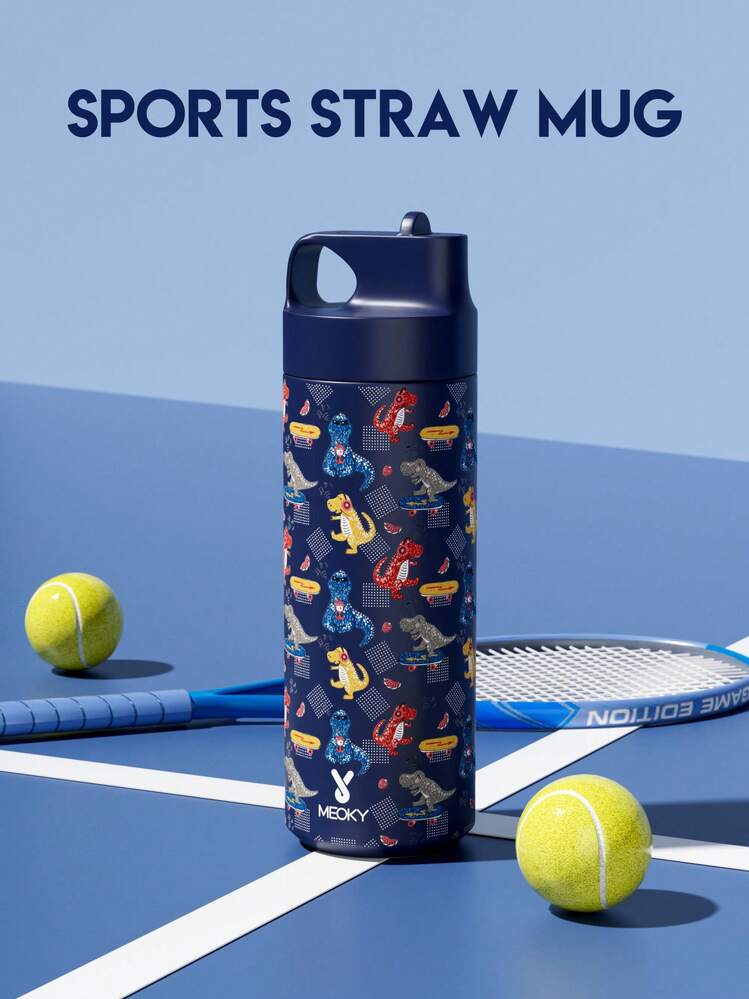 Meoky 19oz Deep Blue Dinosaur Cartoon Print Stainless Steel Water Bottle With Loop Lid, Portable Water Bottle - Dark Blue Dinosaur Headphones - View 2