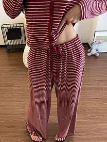 2pcs/Set Women's Pajamas Loungewear Set, Open Front V-Neck Striped Fashion Minimalist Long Sleeve Pants, Easy Care Fabric (Random Print) - Red - View 8