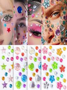 5/3/1pc Extra Large Colorful Star, Heart, Flower Rhinestone Jewelry Stickers, Self-Adhesive Eye, Face, Body Gem Decals For Rave, Festival, Carnival, Cosplay And Party Makeup Decoration - Multicolor - View 2