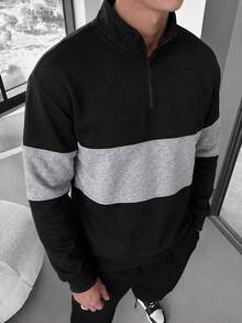 Men's Black & Gray Striped Contrast Half-Zip Sweatshirt, Drop Shoulder Pullover Casual Sweatshirt For Autumn/Winter/Spring - Black - View 8