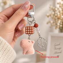 1pc/2pcs Women's Cartoon Flocked Capybara Hanging Ornament With Plaid Square Beads, Hollow Four-Leaf Clover Pendant Keychain, Cute Bag Charm Wallet Accessory - Multicolor - View 1