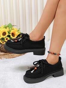 Autumn New Suede Round Toe Women's Beaded Tassel Design Thick Sole Chunky Heel Lace-Up Commuter Casual Shoes - Black - View 1