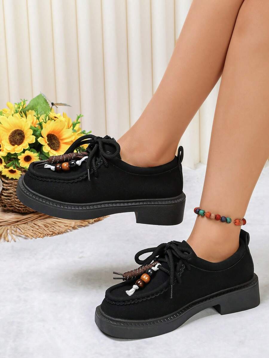 Autumn New Suede Round Toe Women's Beaded Tassel Design Thick Sole Chunky Heel Lace-Up Commuter Casual Shoes - Black - View 1
