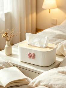 Cute Bow Decor Tissue Box, Minimalist Wood Grain Napkin Dispenser, Bedroom Living Room Office Desktop Tissue Holder, Home Decor Organizer, Rectangular Vertical Striped Tissue Storage Rack, Bedroom, Living Room, Office, Car Desktop Napkin Container, Beautiful Home Decor Organizer, Gift Choice - Multicolor - View 2