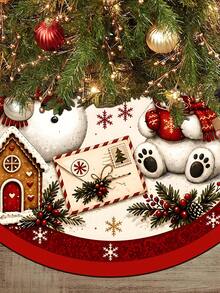 1pc Red Christmas Tree Skirt With Snowman And Bear Pattern, Classic Red Trim Snowflake Design, Round Base, Suitable For Standard Size Christmas Tree; Ideal For Winter Party And Home Holiday Decoration, Perfect Christmas Tree Accessory - Multicolor - View 5