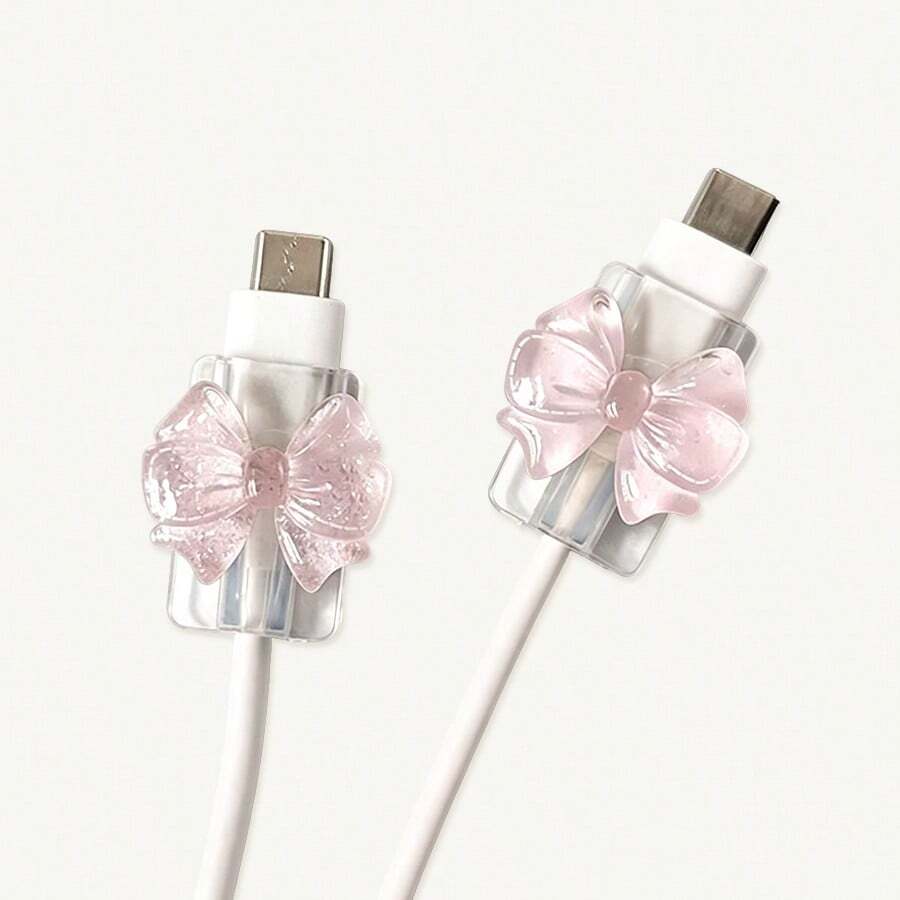 Transparent Bow Universal Lightning (5-14) Type-C Cable Protector - Durable, Break-Resistant, Fashionable Phone Accessory Design - Plastic Cable Protector With Cute Bow Decoration, Charging Cable Protector - Multicolor - View 1