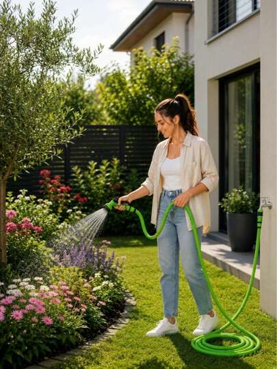 50/75ft Adjustable Garden Hose With Green Spray Nozzle - Durable Polyethylene Material, Multi-Purpose Garden Hose With Spray Gun, Suitable For Year-Round Outdoor And Yard Use, US Standard Connector, Expandable Hose For Watering And Cleaning