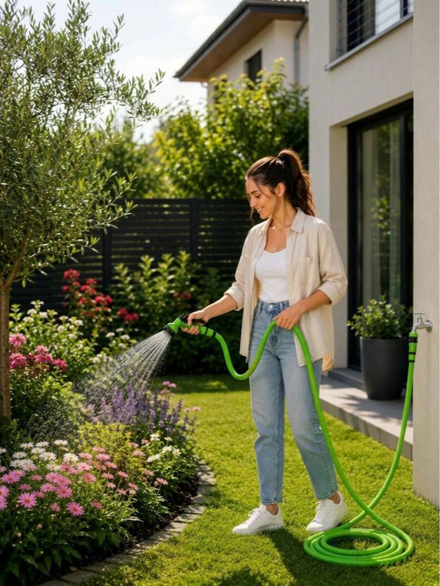 50/75ft Adjustable Garden Hose With Green Spray Nozzle - Durable Polyethylene Material, Multi-Purpose Garden Hose With Spray Gun, Suitable For Year-Round Outdoor And Yard Use, US Standard Connector, Expandable Hose For Watering And Cleaning