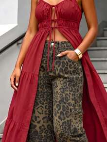 High Street Fashion Leopard Print Casual Straight Leg Denim Jeans For Women, Versatile For Daily Wear - Multicolor - View 2
