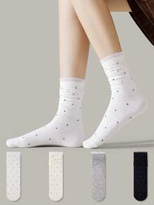 ZUJO 4 Pairs Women's Mid-Calf Slouch Socks, Ruffled Polka Dot Pattern, Suitable For All Seasons, Perfect For Home And Travel, Simple And Comfortable, Random Color - Multicolor - View 2