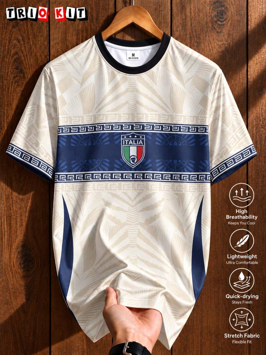 Men Italia Print Soccer Jersey, Moisture‑Wicking Quick‑Dry Breathable Short‑Sleeve Football Shirt For Training Match Daily Wear, Gift