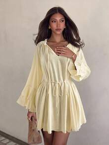 Women's Solid Color Frill Trim Flare Sleeve Fashion Casual Dress - Light Yellow - View 5