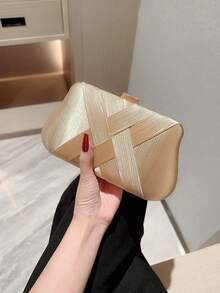 Elegant Champagne Metallic Satin Evening Clutch,Curved Hard Shell With Cross-Woven Stripes,Luxury Women Handbag,For Weddings,Banquets,Cocktail Parties - Apricot - View 4