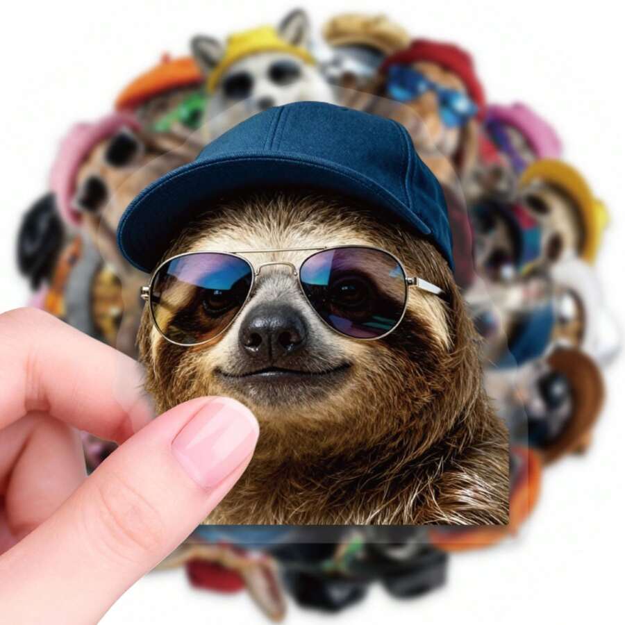 50pcs Animal Graffiti PET Stickers With Hats And Fashion Glasses, Diverse Designs, Enhances Thinking And Creative Action Abilities, Art Supplies, Children's Sticker Toys - Multicolor - View 1