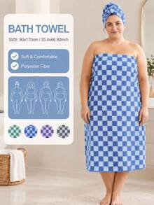 1pc/2pcs - Checkerboard Pattern Bath Towel & Hair Drying Cap, Bath Towel Size 90*170 Cm, Matching Checkerboard Pattern Hair Drying Cap, Soft And Thick, Quick-Drying. Classic Checkerboard Appearance, Skin-Friendly Fabric, No Shedding. Multiple Colors Available, Home Bathing, Combining Aesthetics And Practicality. - Multicolor - View 10