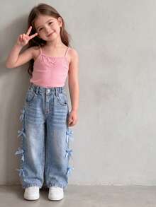 Girls' Side 3D Bow Washed Distressed Wide Leg Denim Jeans, Elastic Waist Straight Leg Long Pants - Light Wash - View 1