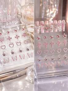 25pcs Y2K Alloy Nail Art Charms, Rhinestone Heart Butterfly Cross Pink Bow Jewelry Crystal Sequins Nail Decor, Suitable For Christmas Gift - Watermelon Pink - View 2