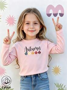 Kids Long Sleeve T-Shirt, Cute Casual Pink Top With Autumn Text & Colorful Maple Leaf Print, Round Neck Raglan Sleeves - Baby Pink - View 10