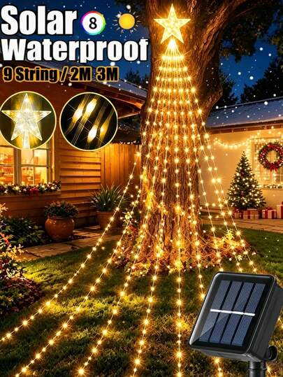2M/3M Solar Star Waterfall Light -200/290LED, Waterproof Wreath Light, 8 Lighting Modes, Suitable For Outdoor, RV, Camping, Party, Garden, Wedding, Christmas Tree, Autumn, Christmas, Festival Decoration (Warm White/Color)