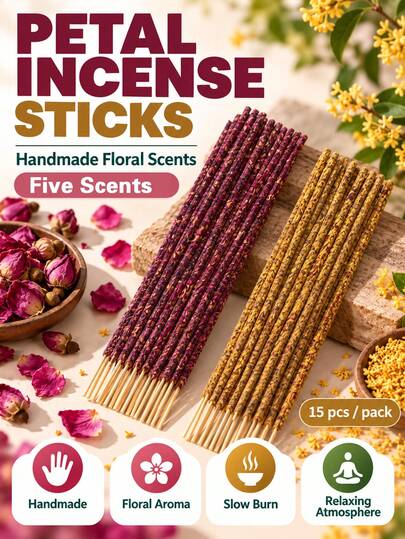 15pcs, Petal Scented Diffuser Sticks, Featuring Rose, Osmanthus, Jasmine, Sage, And Lavender. Long-Lasting Fragrance. A Great Gift Suitable For Ramadan, Entertaining Guests, Meditation, Air Purification, And Other Occasions.