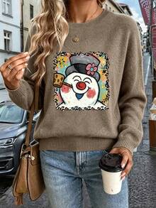 Women Vintage Snowman Graphic Long Sleeve Crewneck Sweater Leopard Border Christmas Winter Top - Earth Gray - View 4