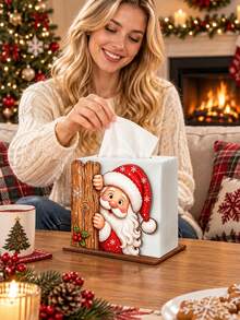 1/2pcs Peek-A-Boo Santa Claus Wooden Napkin Holder And Tissue Box - Hidden Santa With Snowflake And Holly Berry Desktop Decor, Detachable Tabletop Storage Box, Suitable For Home Kitchen, Christmas Party Decoration, Desktop Tissue Holder - Multicolor - View 2