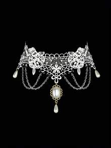 1pc Lace Pearl Tassel Necklace, Suitable For Valentine's Day Wear, Gift For Friends - White - View 5