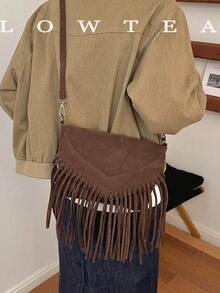 low tea 1pc Fashionable Tassel Suede Fabric Shoulder Bag, Suitable For Commuting, Shopping And More - Coffee - View 11