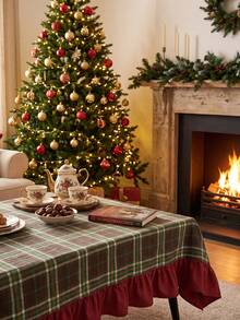 1pc Green Brown Red Classic Large Plaid Tablecloth Traditional Country Style Rectangular Burgundy Ruffle Edge Pleated Detail Stain-Resistant Protective Tablecloth For Home Long Table Suitable For Christmas Family Gathering And Winter Holiday Dining Room Decor - Green - View 7