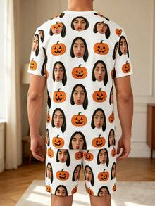 1pc Customized Girlfriend Face Photo White Pumpkin Halloween Pajama Set, Personalized Short Sleeve Top And Shorts Loungewear Sleepwear Gift - Multicolor - View 5