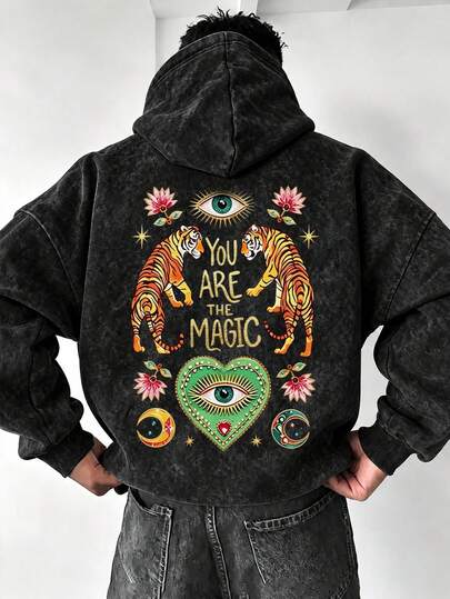 Hoodie Pria Bergaya Vintage dengan Motif Mata Harimau Misterius di Bagian Belakang, Tali Serut, Potongan Longgar