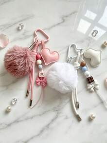Korean Cute Fluffy Pom-Pom Beaded Keyring, Carabiner Phone Lanyard Bag Accessory - Multicolor - View 3