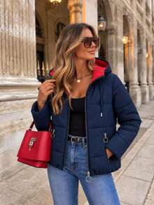 Women's Reversible Hooded Puffer Jacket, Casual Quilted Zip-Up Outerwear With Drawstring Hood And Zip Pockets - Navy Blue - View 1