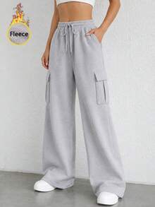 Women's High Waist Thermal Lined Cargo Sweatpants With Drawstring Elastic Waist And Side Pockets Wide Leg Casual Pants - Light Grey - View 10