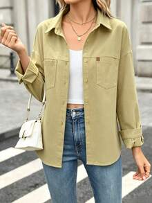 Women's Solid Color Front Button Pocket Casual Shirt Spring Yellow - Yellow - View 2