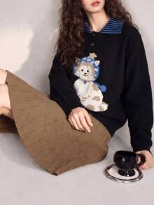 Women's College Style Jacquard Cat Knit Pullover Sweater, Striped Collar, Long Sleeve Regular Fit, Winter Fashion - Black - View 1