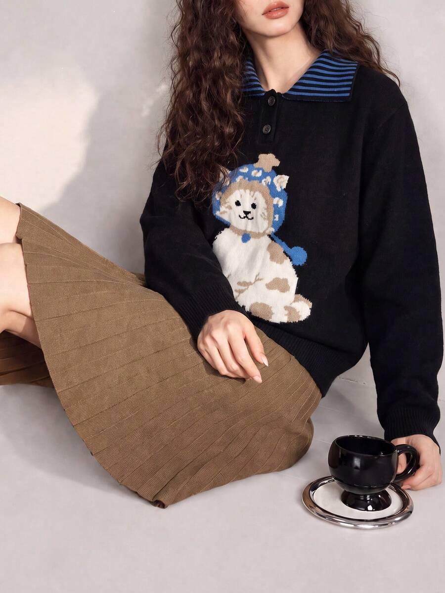 Women's College Style Jacquard Cat Knit Pullover Sweater, Striped Collar, Long Sleeve Regular Fit, Winter Fashion - Black - View 1