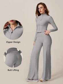 TimeOff Women's One Set Autumn/Winter Solid Color Stand Collar Jacket & High Waist Straight Leg Wide Leg Pants - Grey - View 11